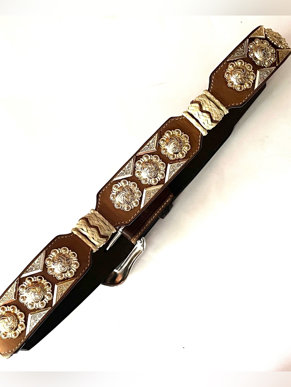 Ranger Brown Hand Tooled Leather Concho Braided Belt